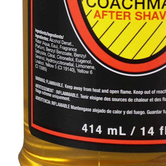 After shave lotion bottle label close-up with ingredients and 414 mL text