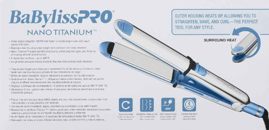 Nano titanium flat iron angled view with blue accents and closed heating plates