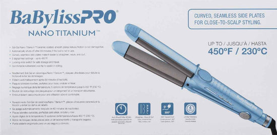 Light-blue and gray curved hair styling iron, nano titanium barrel with dial