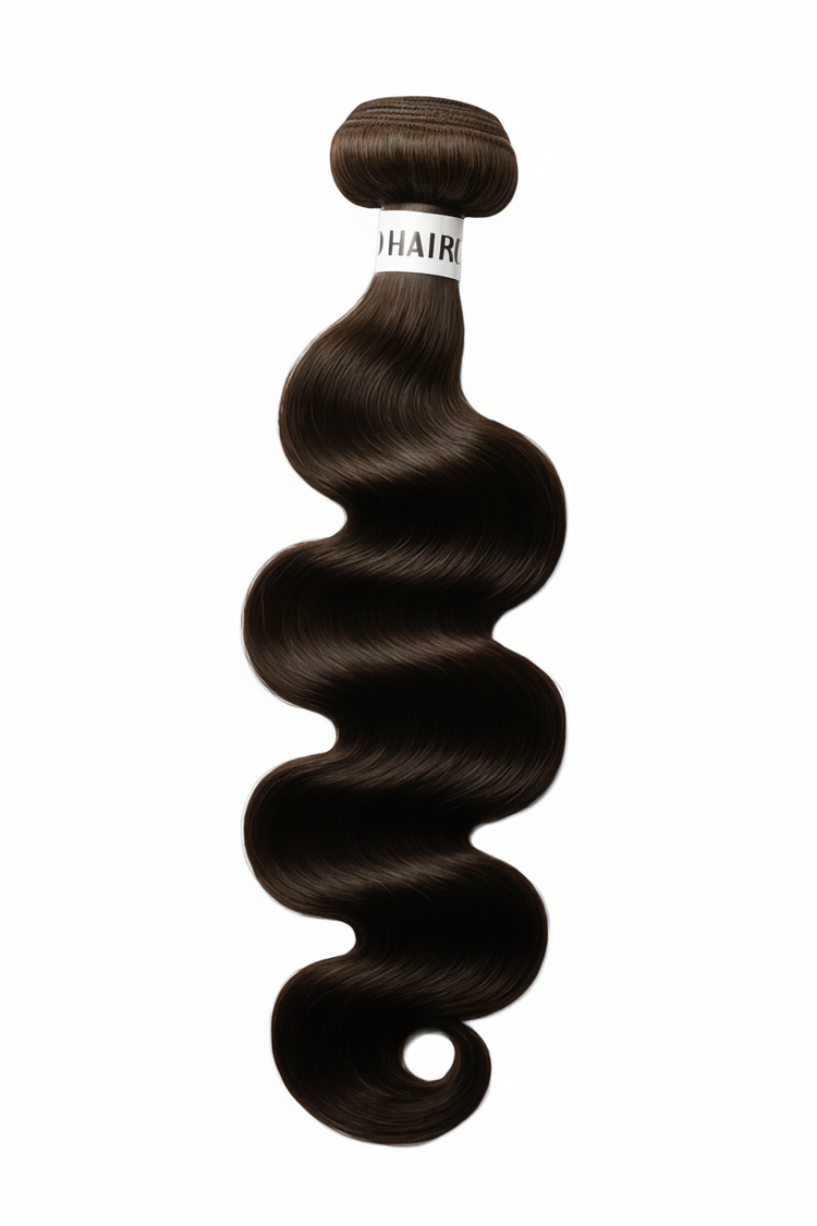 Brown hair extensions with a label on a white background