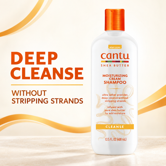 Cantu Shea Butter moisturizing cream shampoo bottle, orange cap, 13.5 fl oz (400 mL).