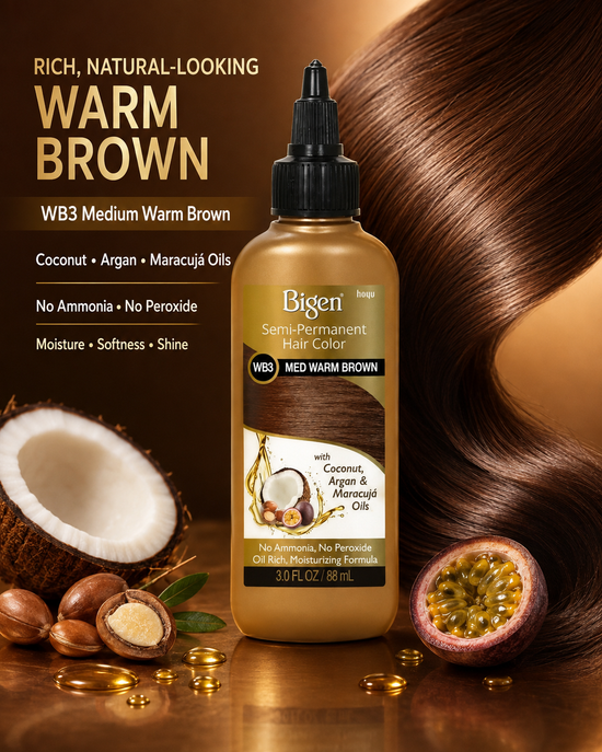 Bigen semi-permanent hair color bottle with WB3 warm brown label and warm brown hair.