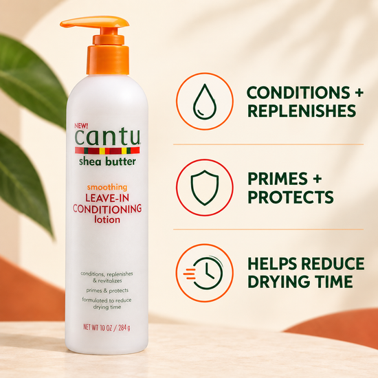 Cantu shea butter leave-in lotion bottle with benefits icons on side