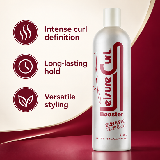 Curl booster hair product bottle, silver body, white cap, red “Ultimate Strength” label