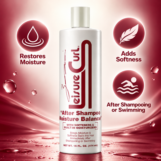 White Leisure Curl bottle with red moisture-restoring and softness icons