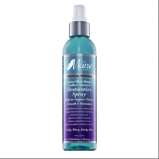 Tall spray bottle with silver pump, Tropical Moringa restorative spray, 8 oz