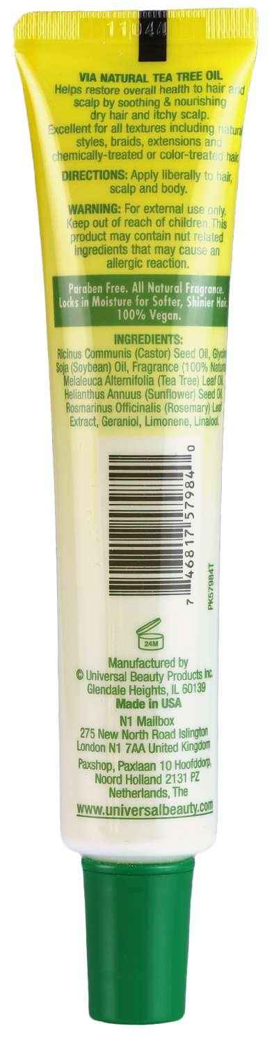Tea tree oil cream tube back panel with ingredients; green cap, yellow tube