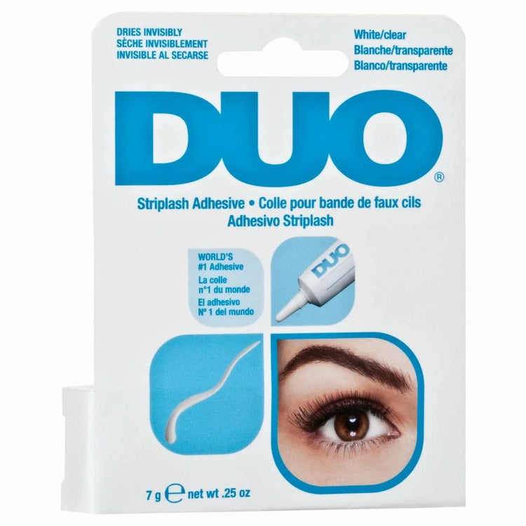 DUO lash adhesive clear packaging with brush for precise application of strip lashes.