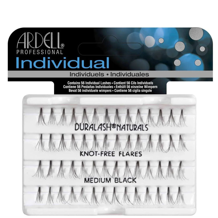 Ardell Duralash Naturals Medium Black individual cluster lash extensions in a pack, ideal for customizing lash volume.