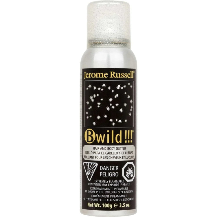 Jerome Russell B Wild Glitter Spray, a versatile glitter spray for hair and skin in a 3.5 oz can.