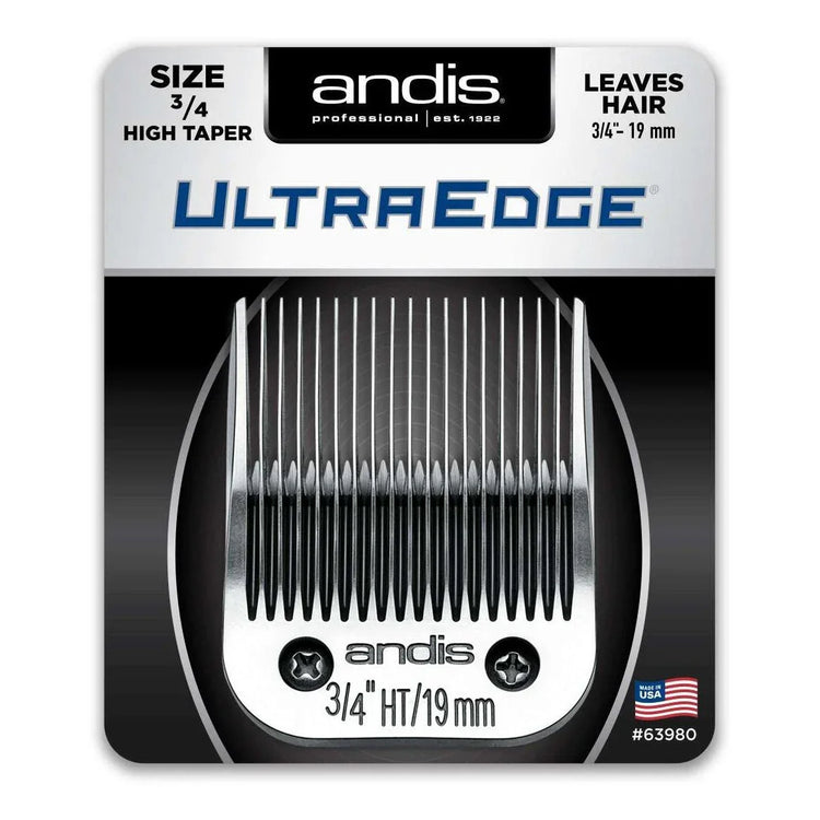Andis Ultraedge Blade 34 HT showing high taper design for precise cutting and chrome finish.