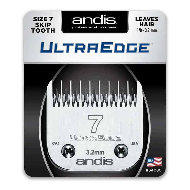 Andis Ultraedge Size 7 blade featuring skip tooth design and 1/8 inch spacing for clippers.