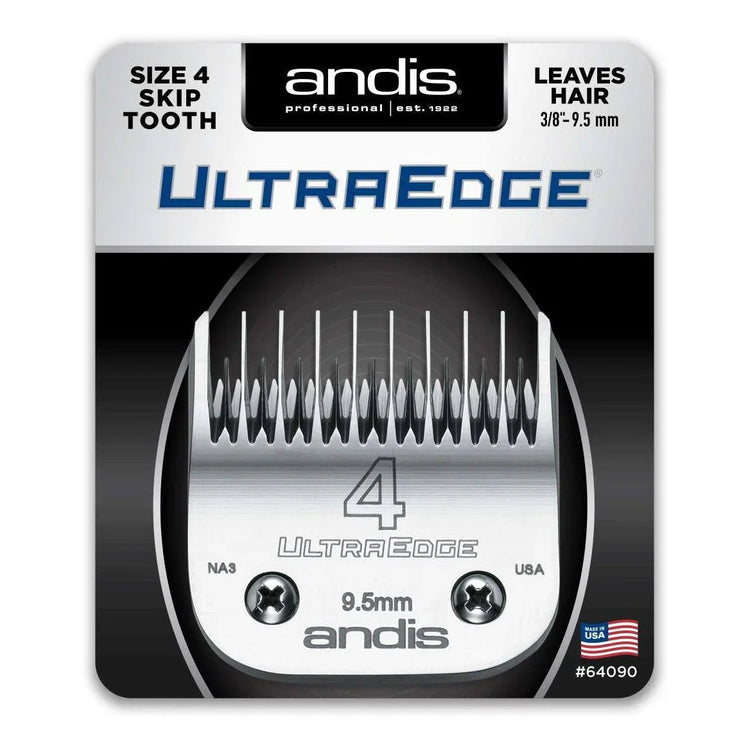 Andis Ultraedge Blade Size 4 Skip Tooth designed for precision cutting and leaves hair at 3/8" length.