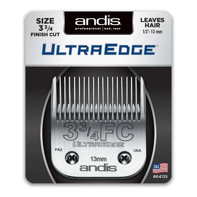 Andis Ultraedge clipper blade 3-34 FC packaging with size details and sharp blade design.