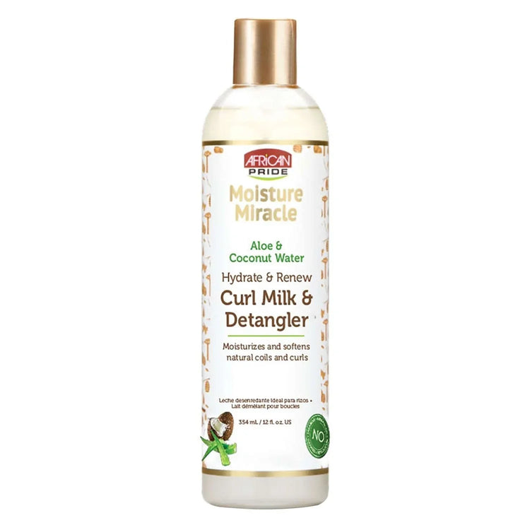 African Pride Moisture Miracle Hydrate Renew Curl Milk Detangler for hydrating and softening natural curls and coils.