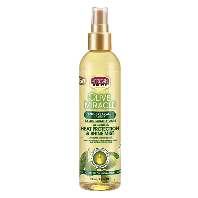 African Pride Olive Miracle Weightless Heat Protection Shine Mist for hair, offering frizz control and thermal damage protection.