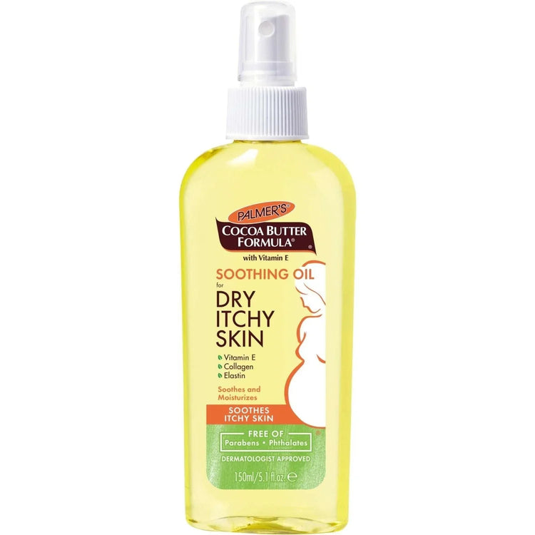 Palmers Cocoa Butter Soothing Oil for Dry Itchy Skin in a spray bottle for moisturizing skin care.
