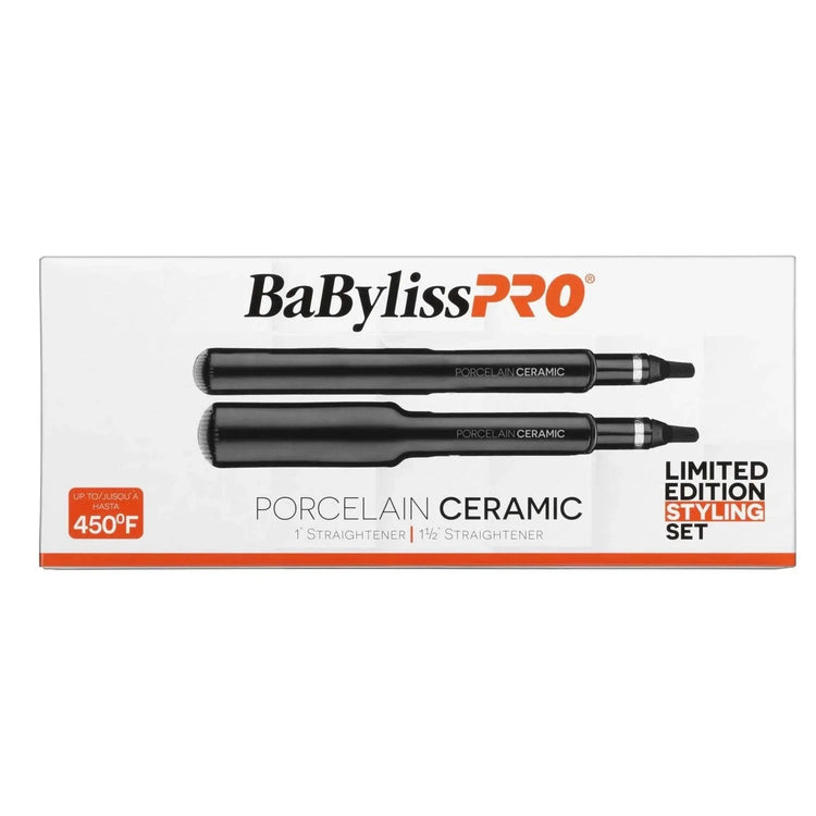 BabylissPRO Limited Edition Porcelain Ceramic Flat Iron set featuring 1" and 1.5" straighteners for professional styling.