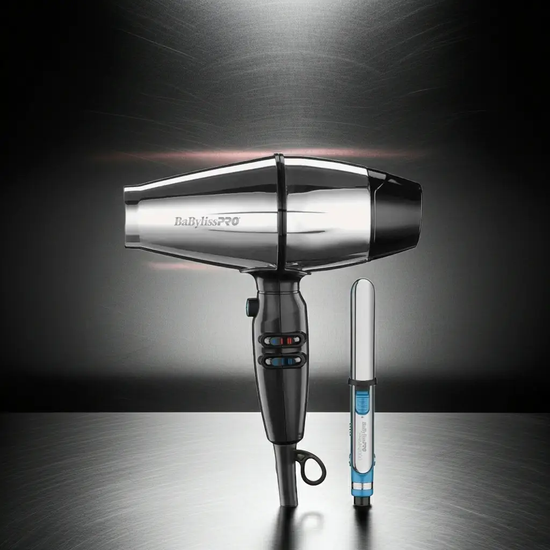 BabylissPRO SteelFX hair dryer with mini iron, silver nozzle and black handle