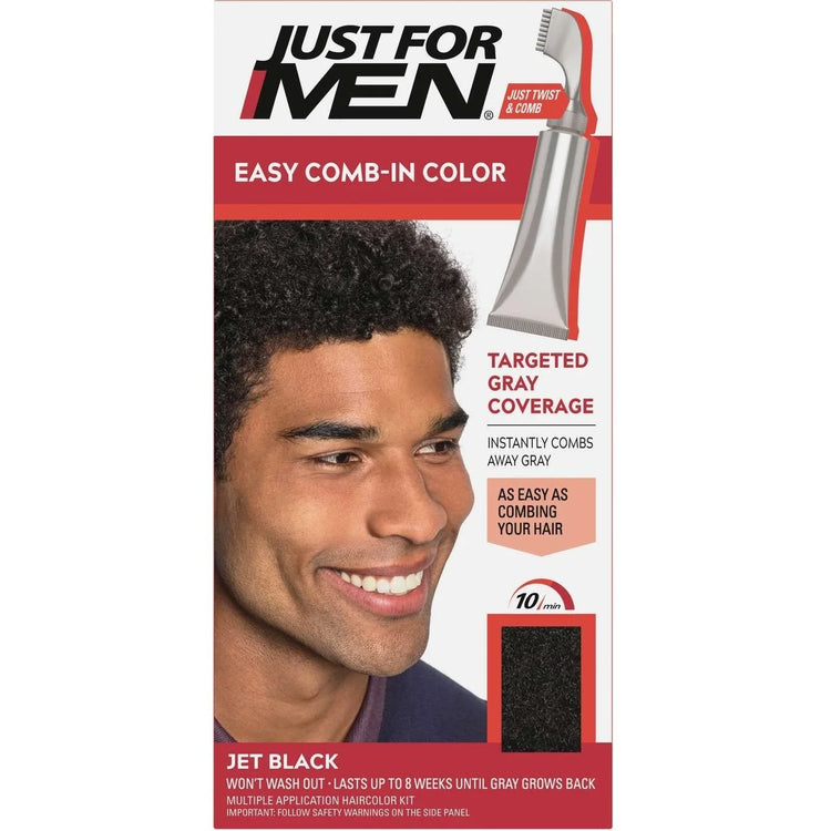 Just For Men Jet Black hair color packaging with easy comb-in applicator for targeted gray coverage.