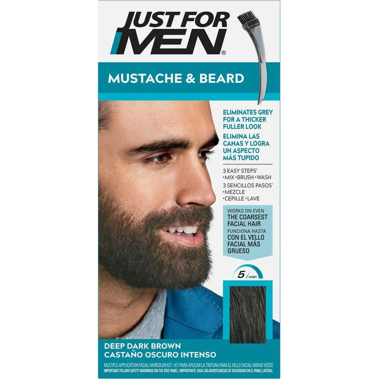 Just For Men deep dark brown beard color packaging with instructions and model showcasing facial hair.