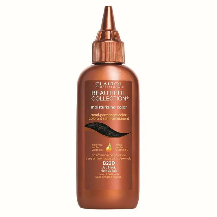 Clairol Beautiful Collection 22 Jet Black semi-permanent hair dye bottle with moisturizing color formula.