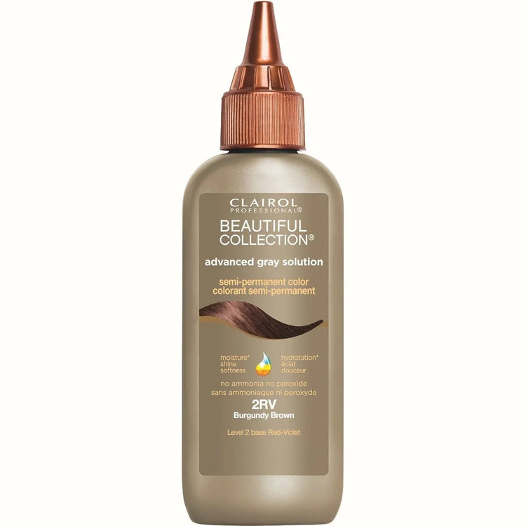 Beautiful Collection Advanced Gray Solution 2RV Burgundy Brown, advanced gray hair color burgundy brown in a bottle.