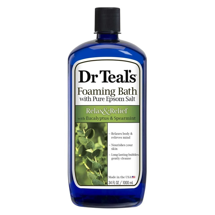 Dr Teals Relax Relief With Eucalyptus Spearmint Foaming Bath for stress and muscle relief.