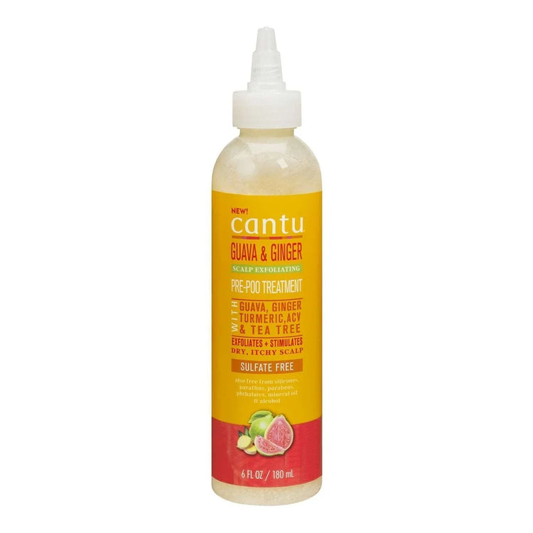 Cantu Guava Ginger scalp exfoliating pre-poo treatment bottle for dry itchy scalps, sulfate free, 6 fl oz