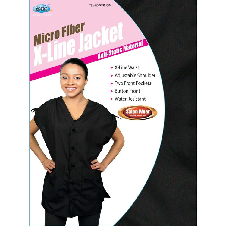 Black salon wear jacket featuring adjustable shoulder and two front pockets.