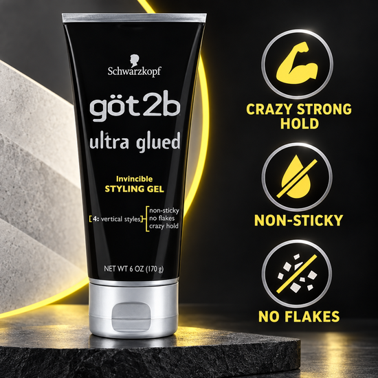 Got2B Ultra Glued styling gel tube, black with silver cap and yellow label accents.