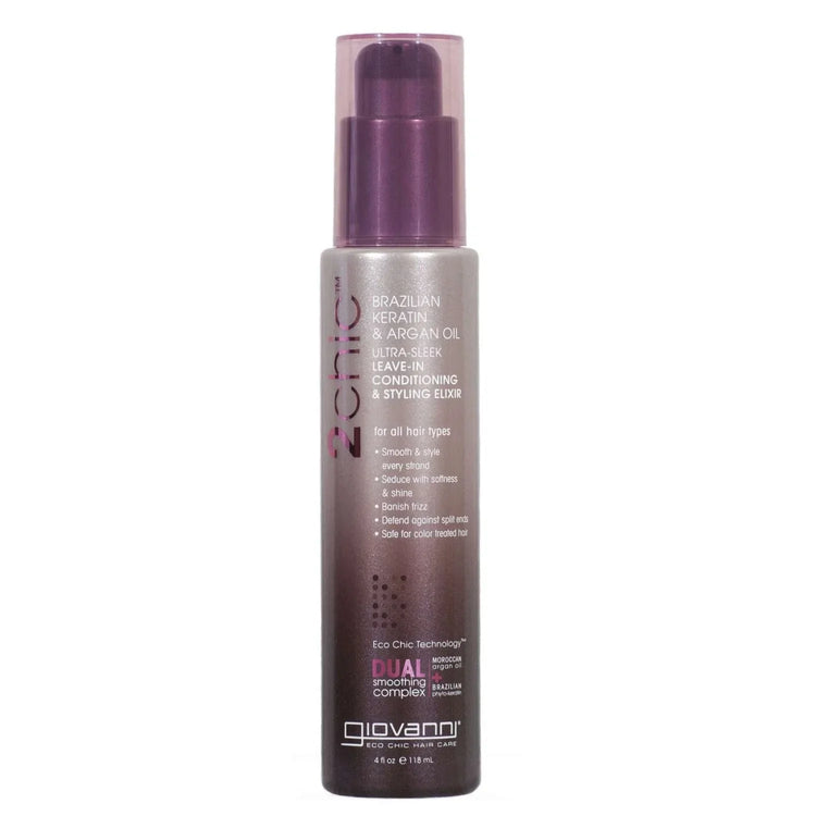 Giovanni 2Chic Brazilian Keratin & Argan Oil Leave-In Conditioning Styling Elixir in a bottle.