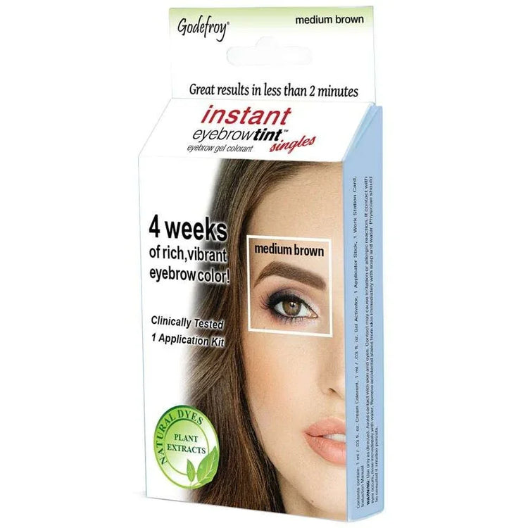 Godefroy Instant Eyebrow Tint Kit in Medium Brown showing before and after results for vibrant eyebrow color.