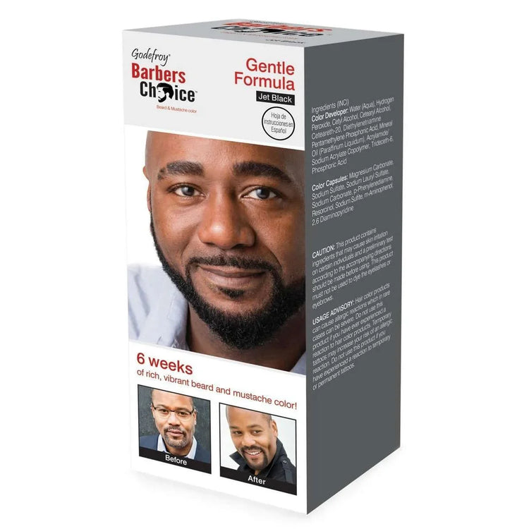 Barbers Choice Beard and Mustache Dye Kit in Jet Black, with before and after images showing rich color results.