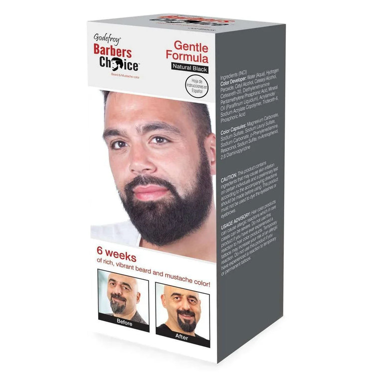 Barbers Choice Beard Color Application Kit in Natural Black with before and after images for vibrant color.
