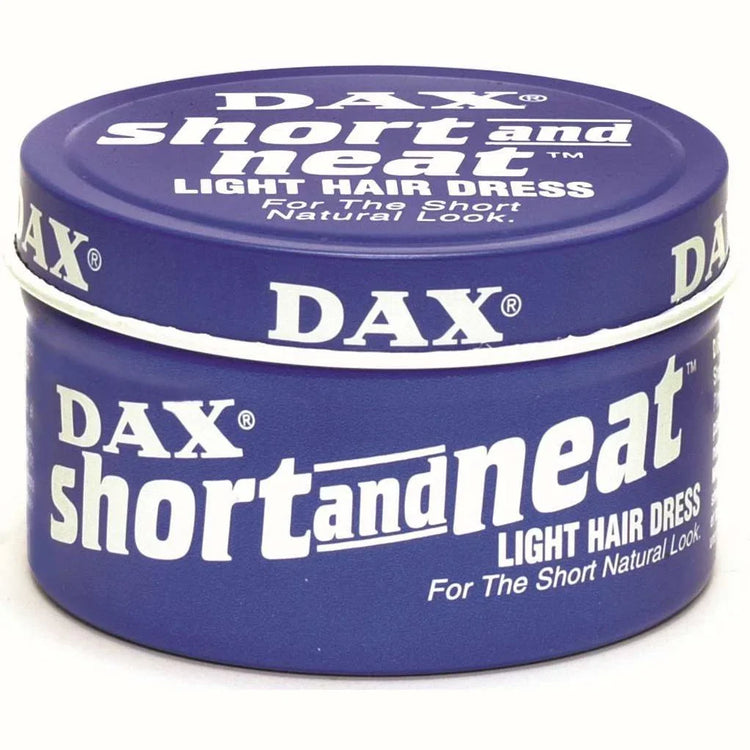 DAX Short Neat Light Hair Dress, a light hold hairdressing product in a round purple tin container.
