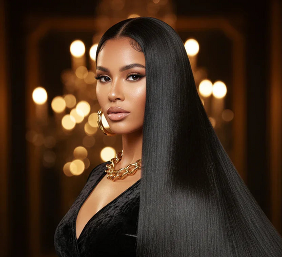 Woman wearing 9A Raw Straight hair extensions by Lioness Mane