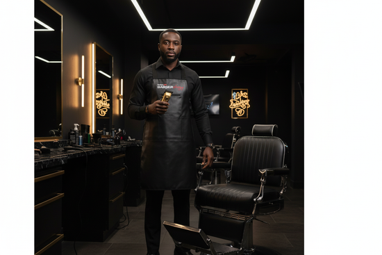 BabylissPro Barberology Apron worn by professional Black barber in luxury barbershop