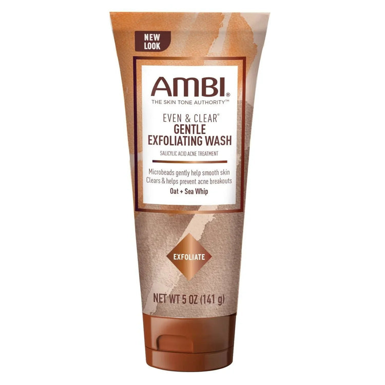 Ambi Even & Clear Gentle Exfoliating Wash for clear skin, enriched with oats and salicylic acid, 5 oz tube.