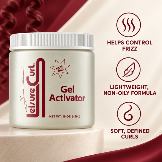 Curl gel activator jar with red “Gel Activator” label and feature icons