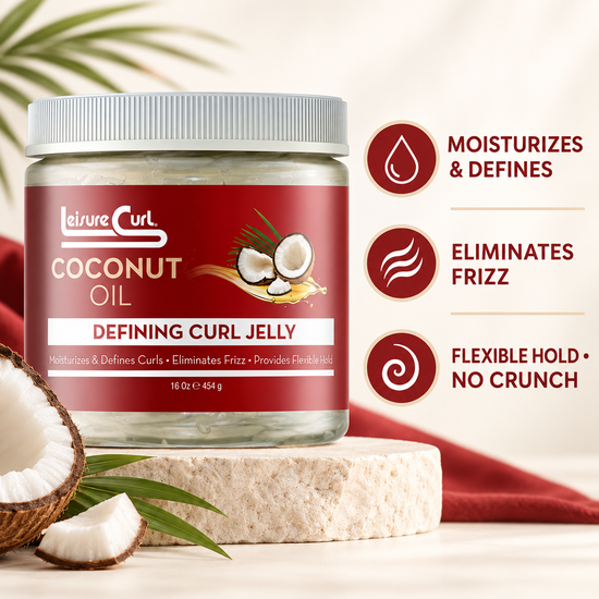 Coconut oil defining curl jelly jar with moisturizing, anti-frizz, flexible hold icons