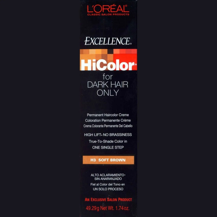 Hicolor Soft Brown hair dye packaging with details on permanent hair color for dark hair.