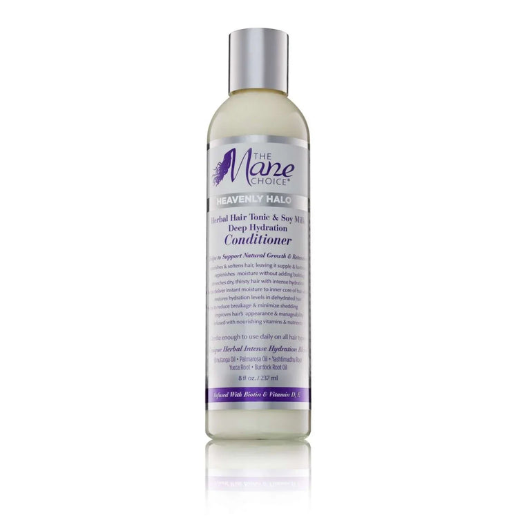 The Mane Choice Heavenly Halo Herbal Hair Tonic Soy Milk Deep Hydration Hair Conditioner for restoring and hydrating hair.