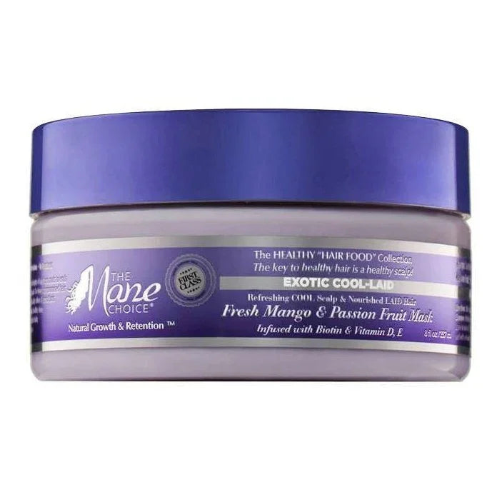 The Mane Choice Exotic Cool-Laid Fresh Mango Passion Fruit Mask jar for nourishing and moisturizing hair with mango extract.