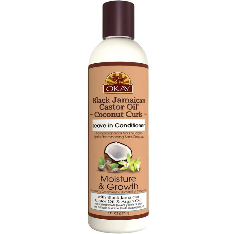 Okay Black Jamaican Castor Oil Coconut Leave In Conditioner bottle for deep hydration and frizz control, Jamaican castor oil leave in conditioner.