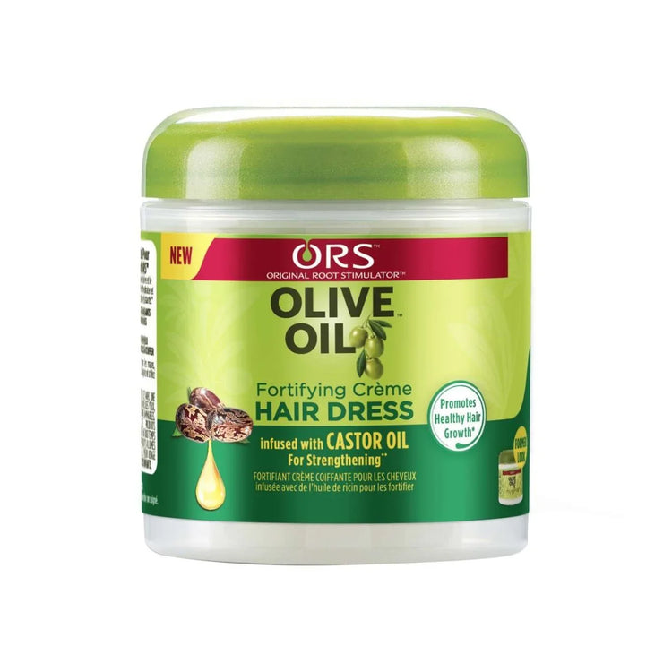 ORS Olive Oil Hair Scalp treatment product in a jar, formulated with castor oil for hair nourishment and strengthening.