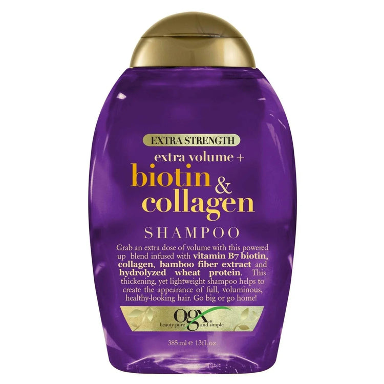 OGX Biotin Collagen Extra Strength Shampoo bottle for thick, voluminous hair, enriched with Biotin Collagen Shampoo.
