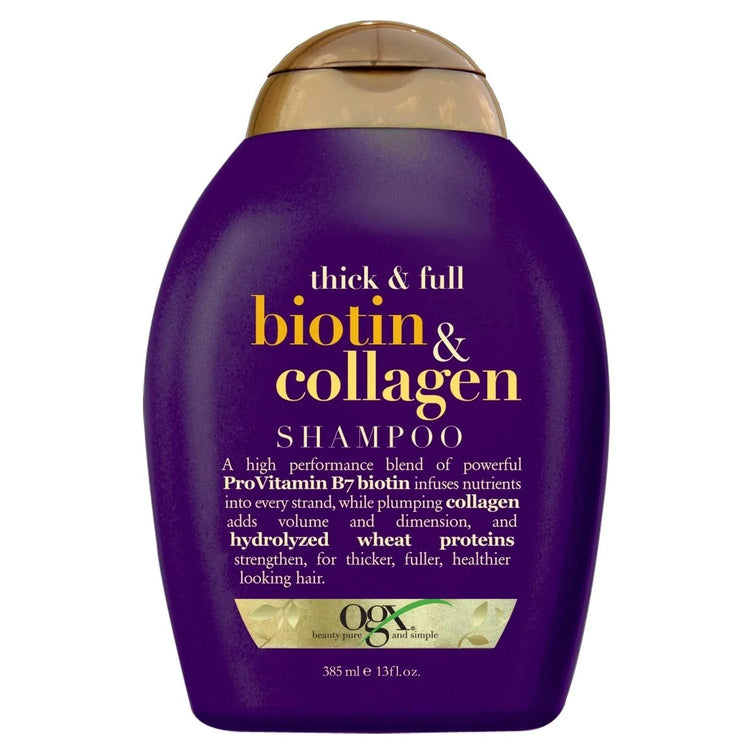 Ogx biotin collagen shampoo bottle for thick, full hair with vitamin B7 and collagen for volume and health