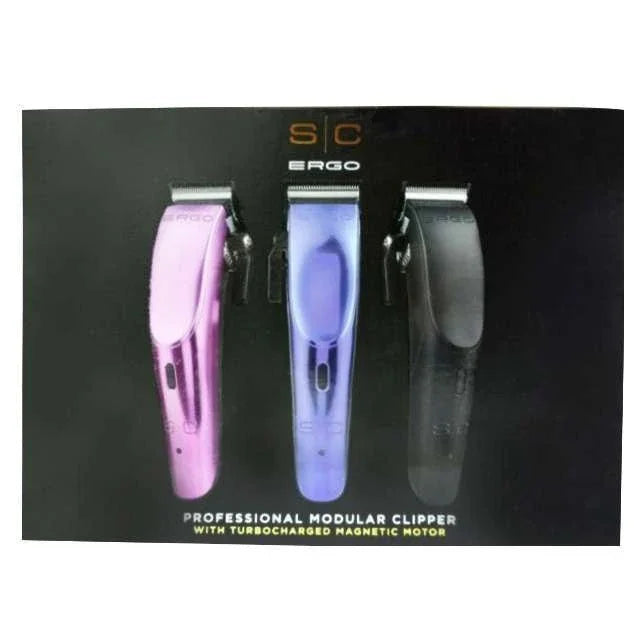 Stylecraft magnetic hair clipper in matte black, metallic blue, and metallic pink for professional grooming.
