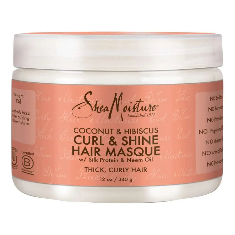 Shea Moisture Coconut Hibiscus Curl Shine Hair Masque container with silk protein and neem oil, for thick curly hair.